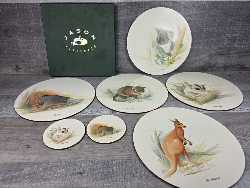 Set 5 Jason Round Placemats Australian Animals Wakefield Cork Backed w/Box b215